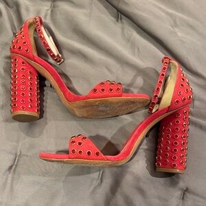 SCHUTZ Red Suede Studded Sandal Ankle Strap Heels 7.5